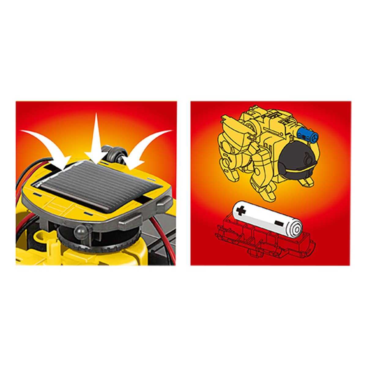 6-in-1 STEM kids solar powered UFO robot kit showing solar panel and battery power options
