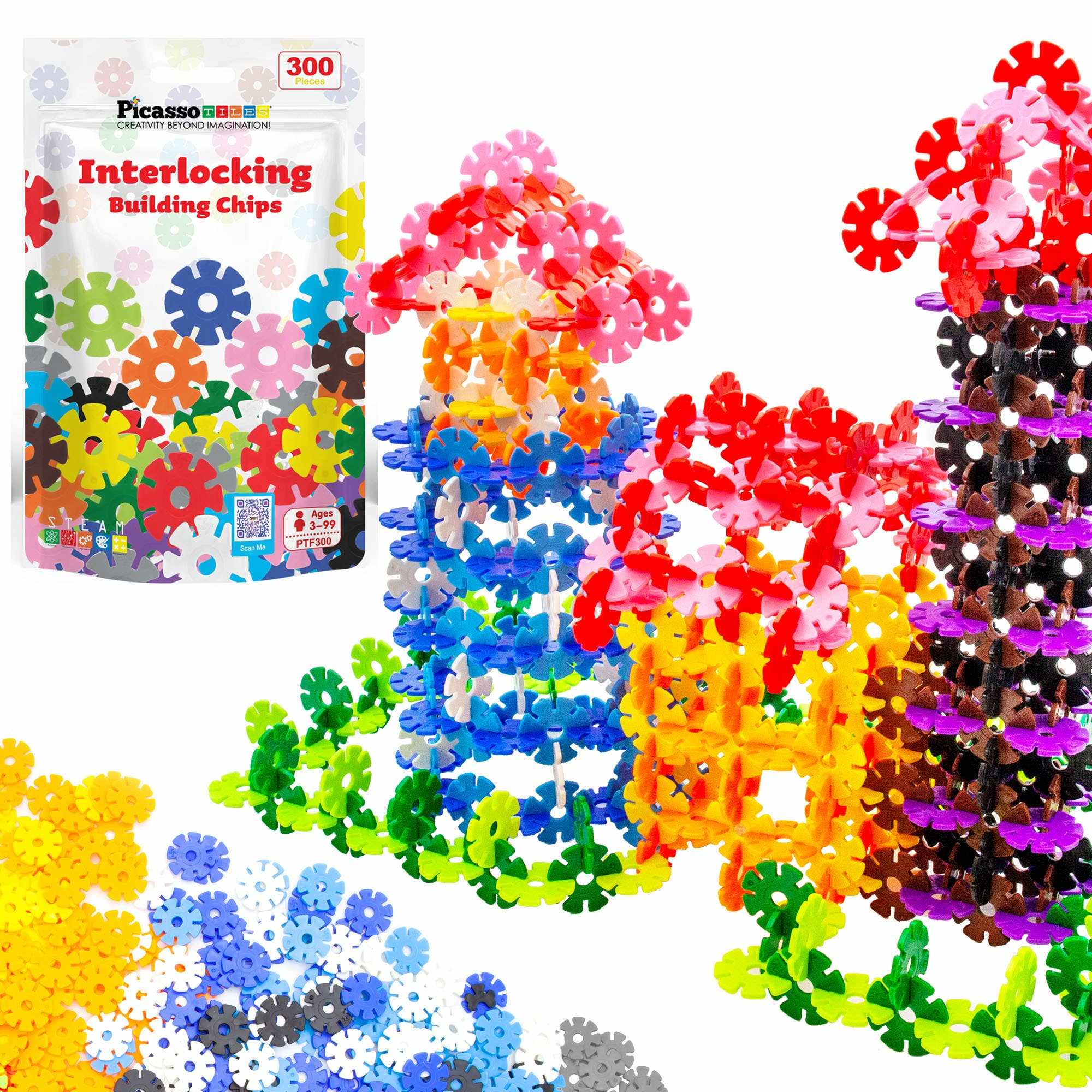 PicassoTiles 300pc Building Chips colorful interlocking disc blocks with 12 vibrant colors for creative building and seamless play.