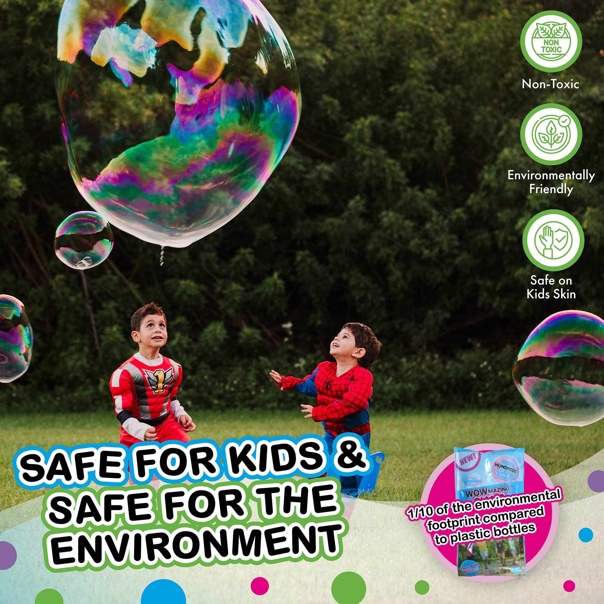 Kids playing with giant colorful bubbles outdoors using WOWmazing Giant Bubble Kit, safe and environmentally friendly bubble toy