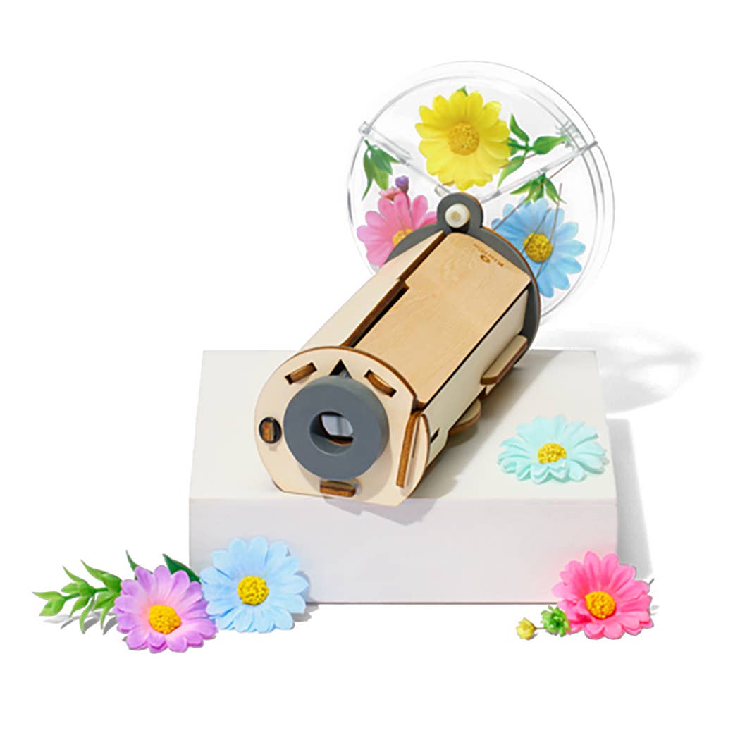 Nature Kaleidoscope Set DIY wooden science kit with colorful flower decorations and clear rotating display for kids.