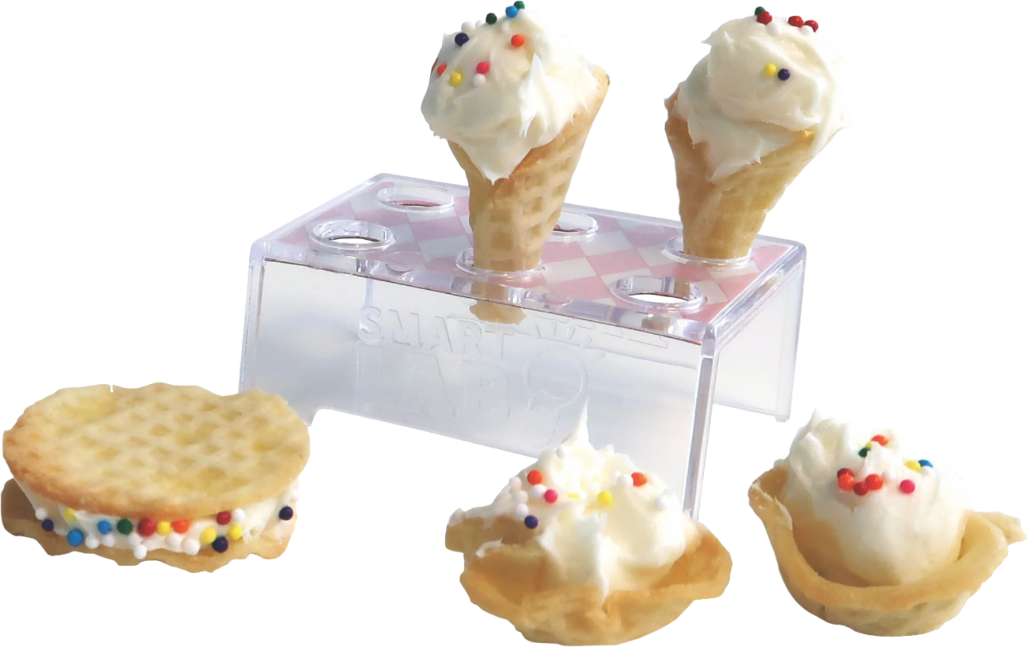 Tiny Ice Cream set for kids with small cones and waffle cups topped with whipped cream and colorful sprinkles on a clear plastic stand.