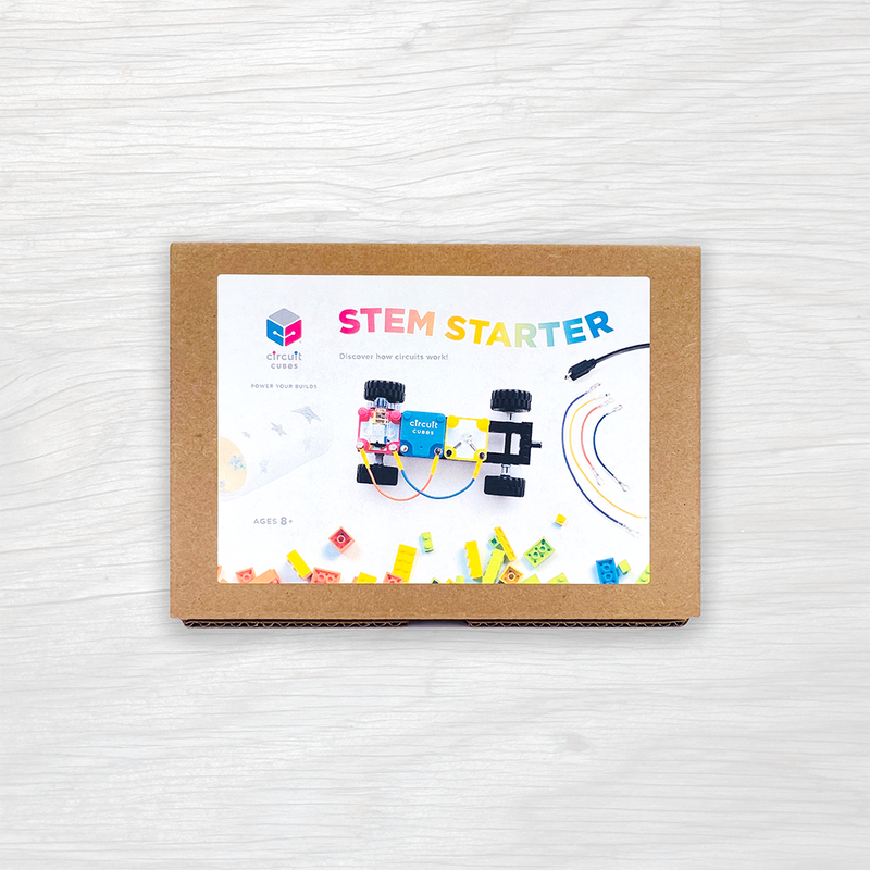 Circuit Cubes STEM Starter Kit with battery, motor, LED cubes, wheels, and LEGO-compatible bricks for kids aged 8+ learning circuits and motion.