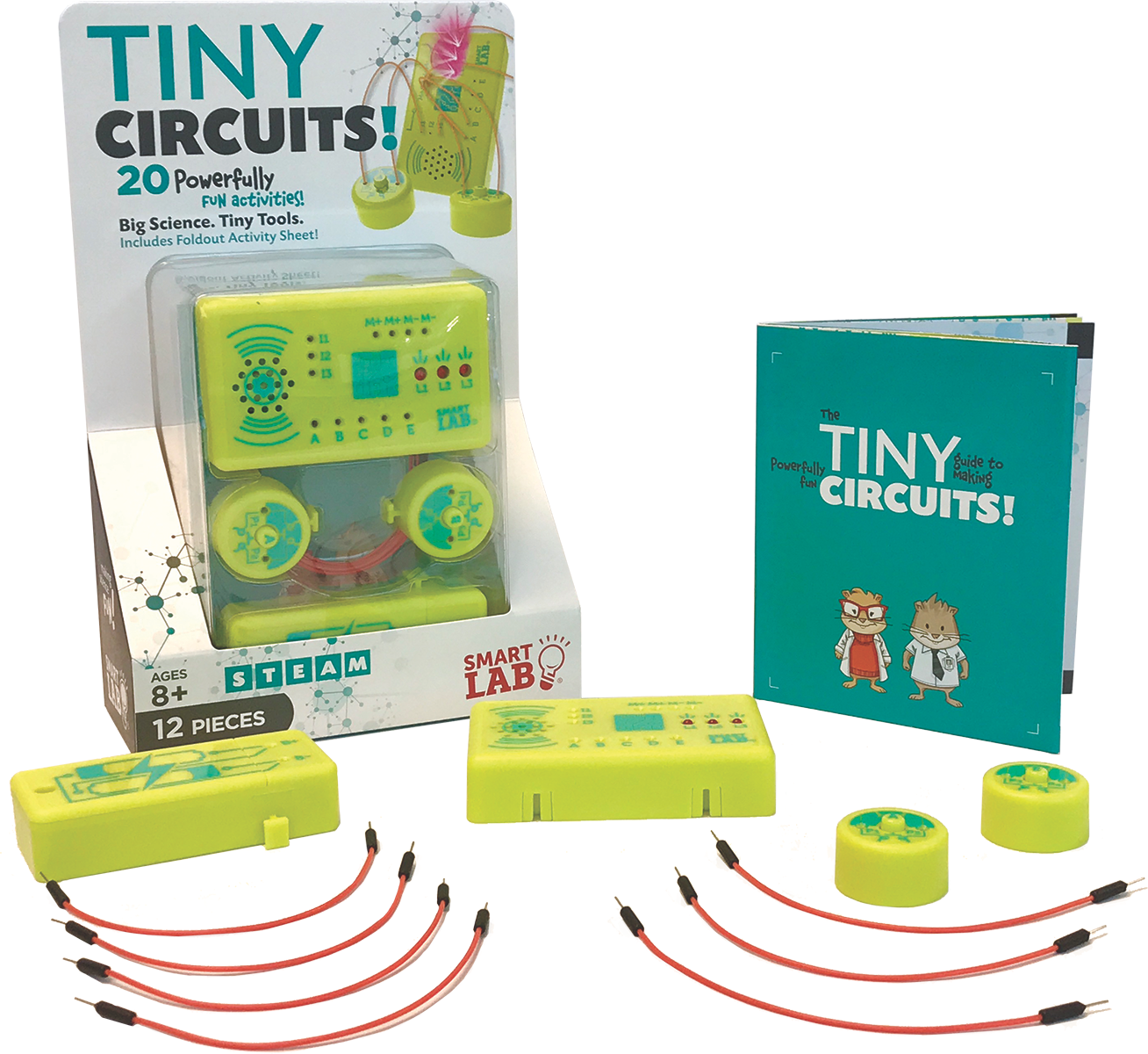 Tiny Circuits mini-microprocessor kit with LEDS, speaker, wires, buttons, and instruction booklet for building electronic projects.