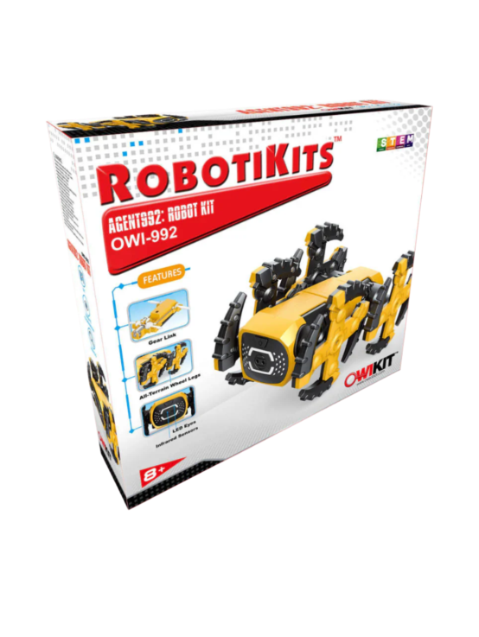 Agent992 Robot kit box showing yellow and black programmable robot with LED eyes and multiple assembly parts for kids aged 8+