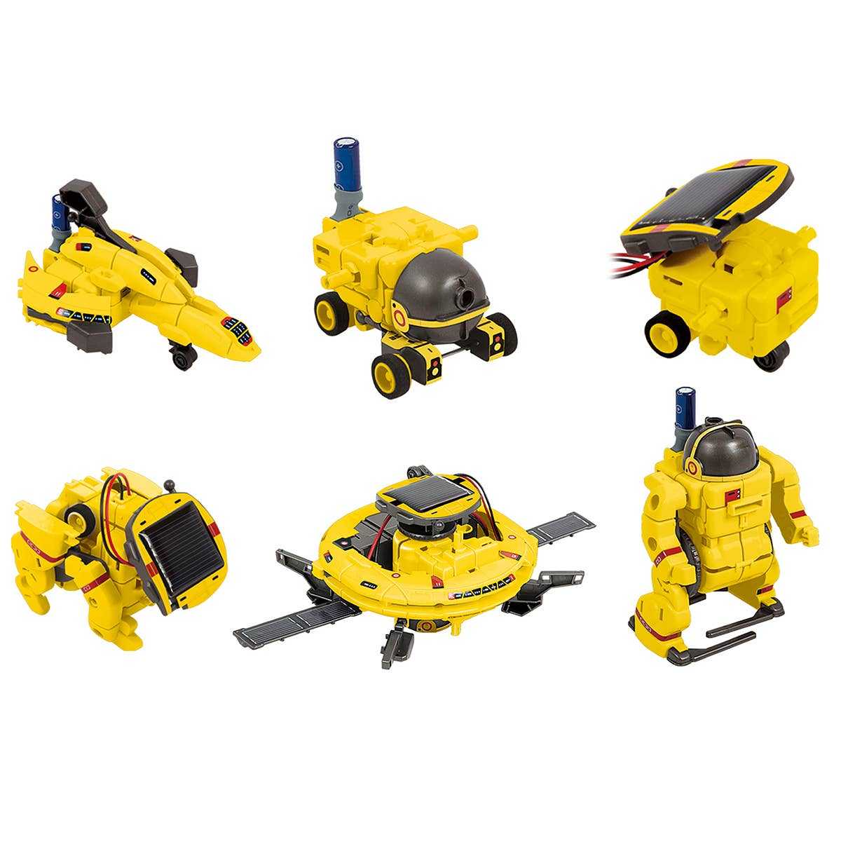 6-in-1 STEM kids solar powered UFO robot educational DIY kit with six yellow space-themed models