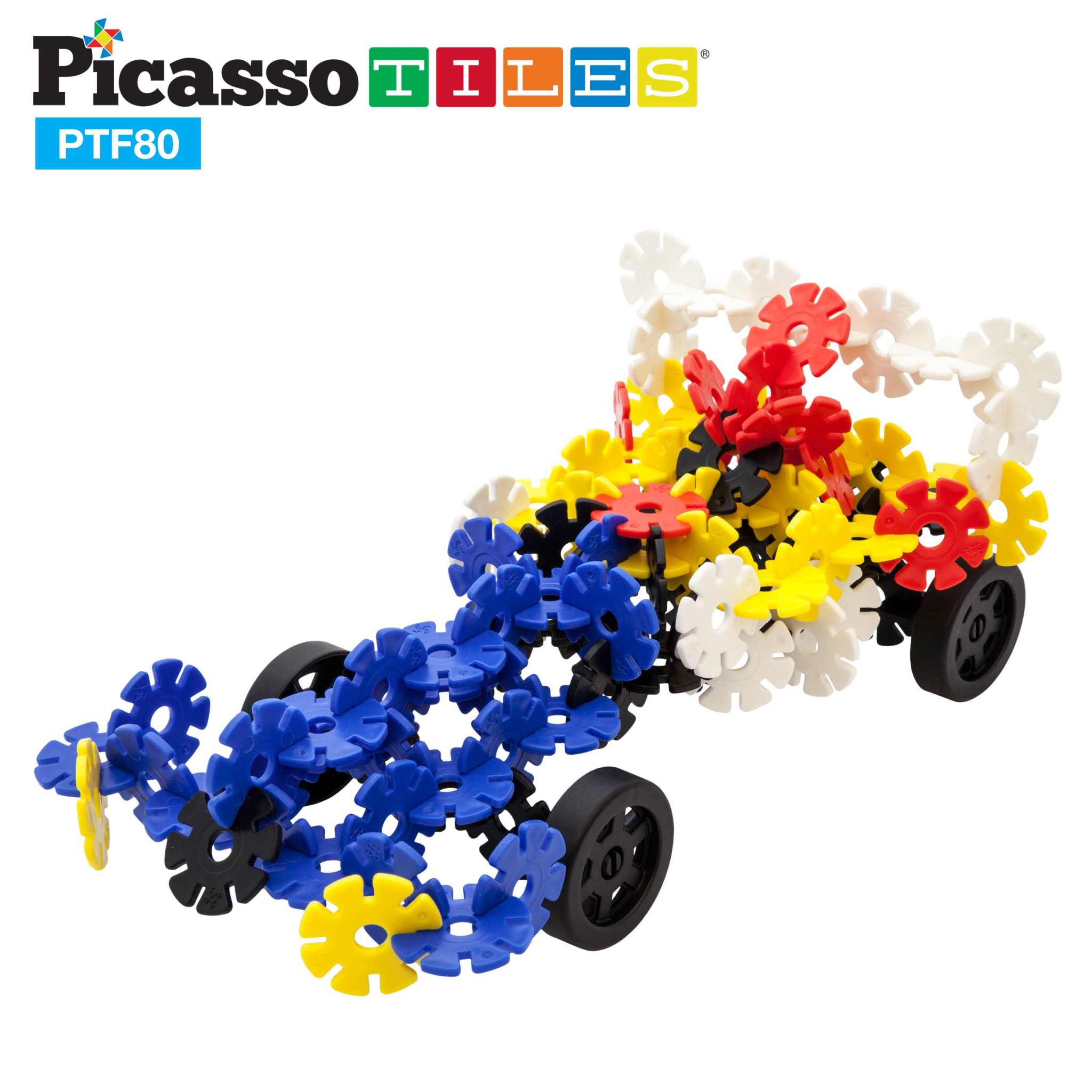 PicassoTiles 800pc Building Chips colorful interlocking discs with wheels assembled into toy vehicle model