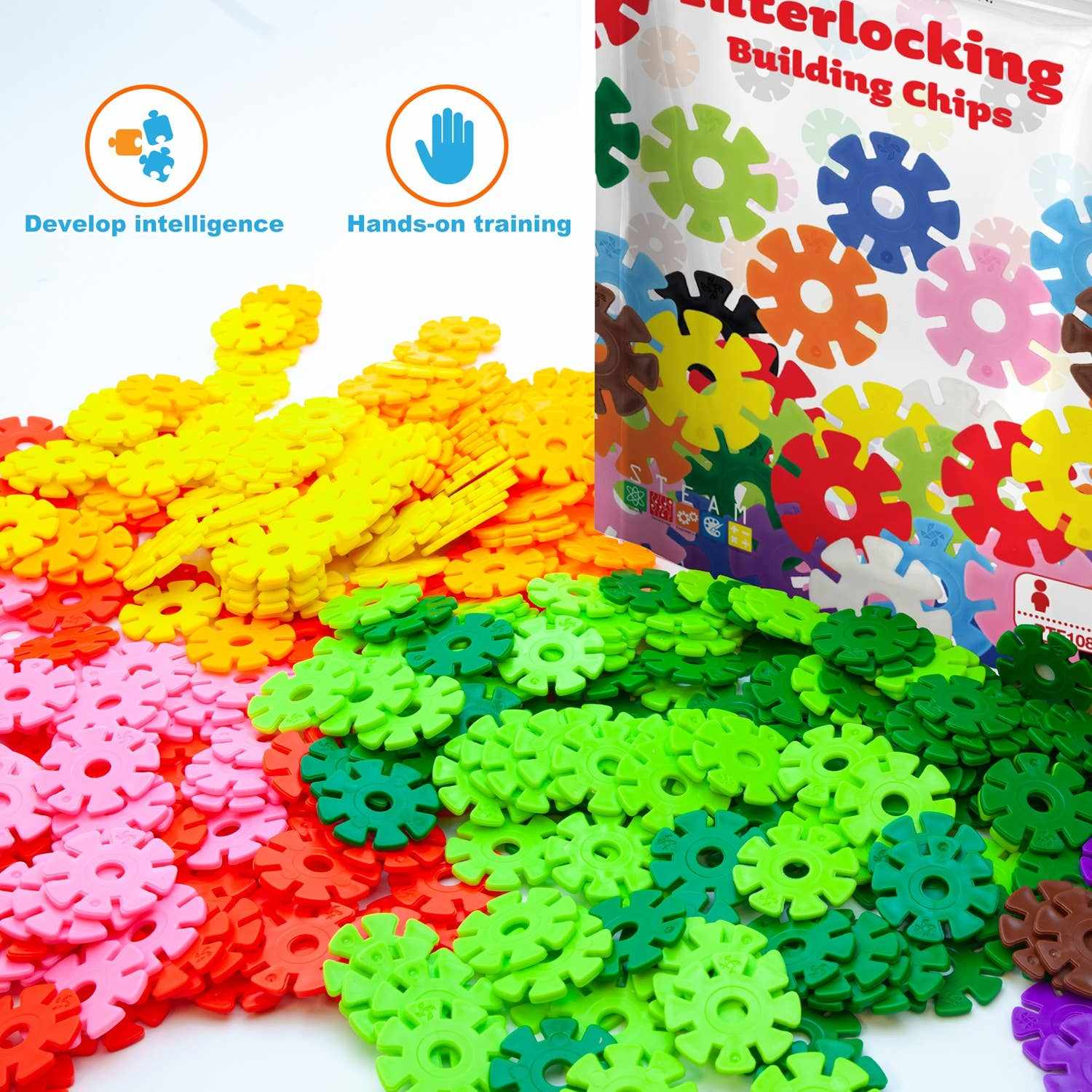 PicassoTiles Building Chips 108-piece colorful interlocking disc set in 12 vibrant colors for creative play and hands-on learning