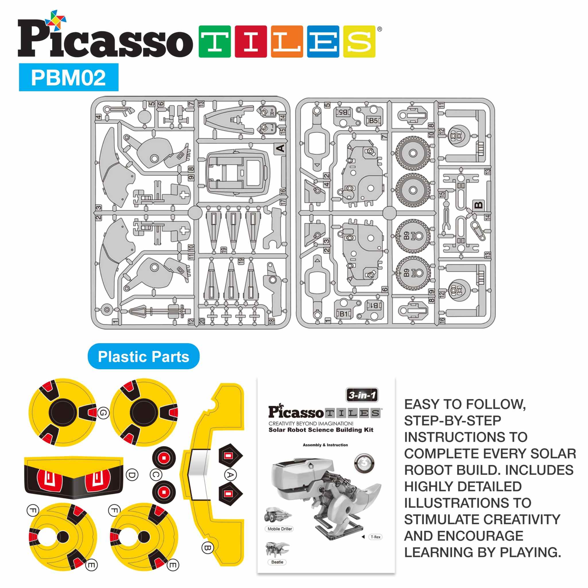 Solar powered dinosaur robot DIY kit with plastic parts and detailed step-by-step instruction manual for STEM learning.