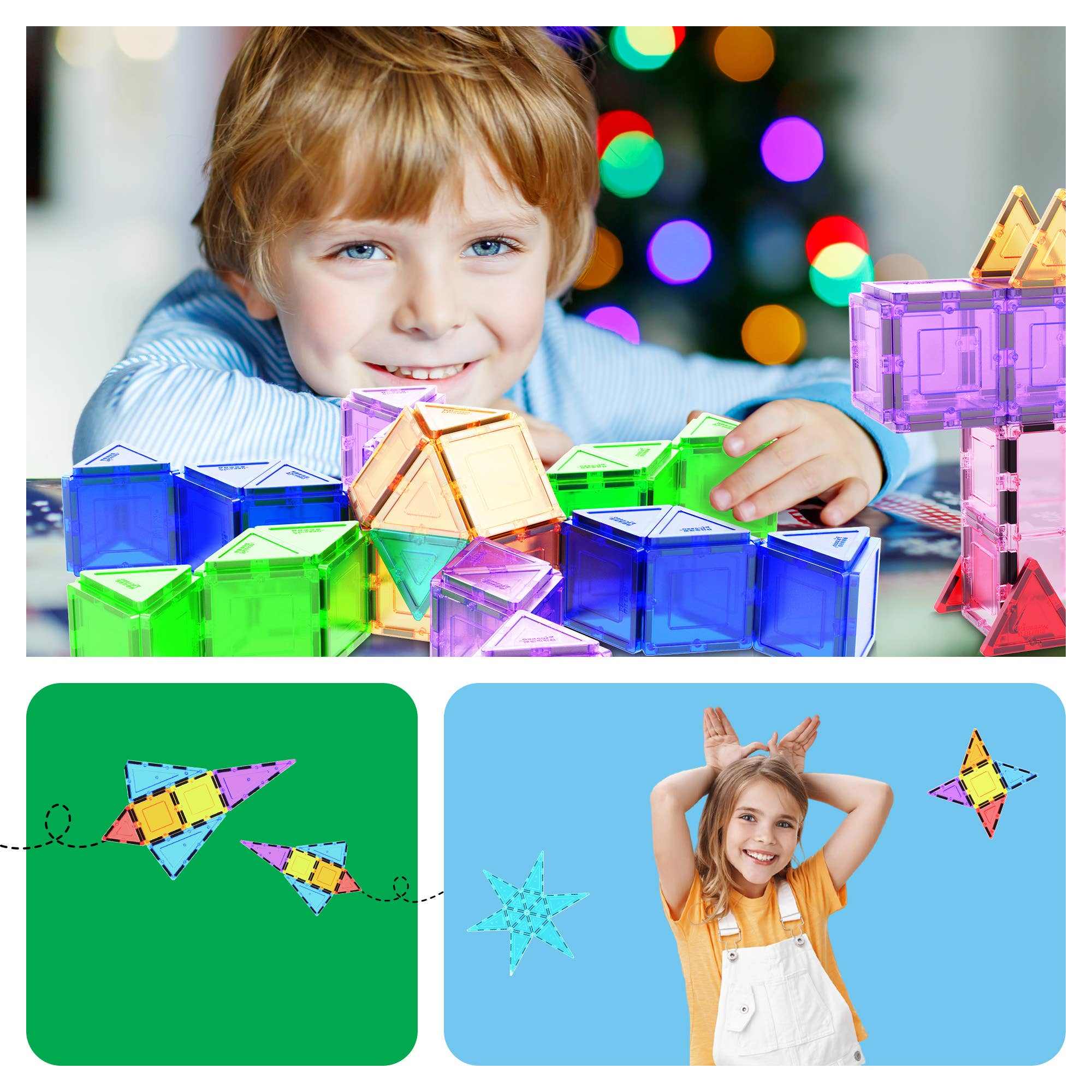 Child playing with colorful 101-piece magnetic tileset building shapes for creative fun and learning