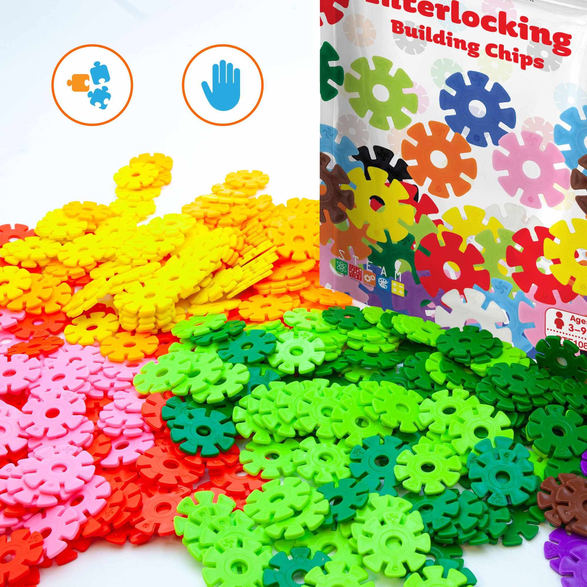 PicassoTiles 300pc Building Chips colorful interlocking disc blocks in multiple bright colors with packaging box