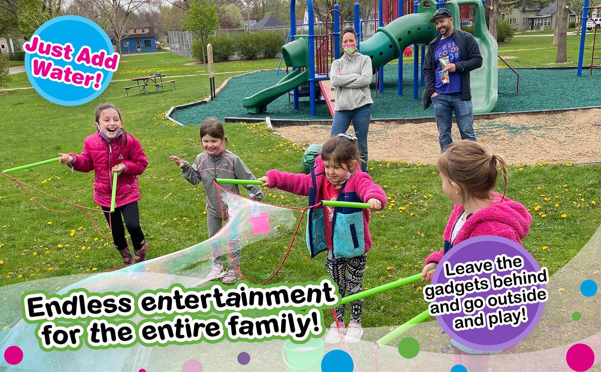 Children playing with big bubble wands outdoors using WOWmazing Giant Bubble Kit for family fun