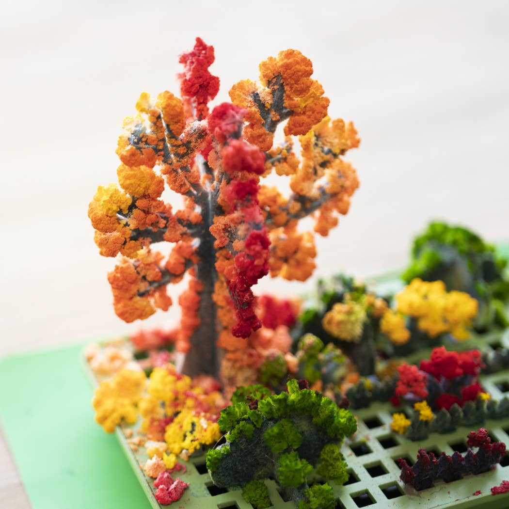 Colorful crystal trees and bushes in the Crystal Chemistry Garden educational science kit for kids
