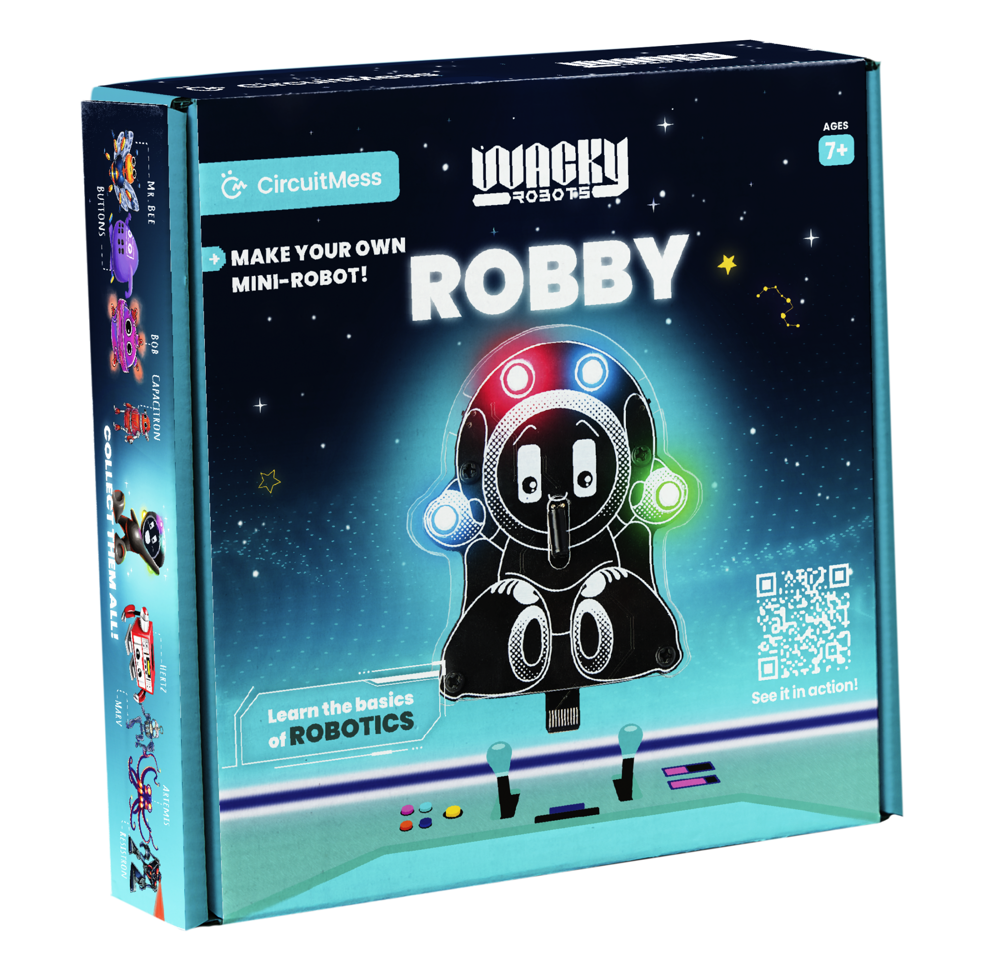 Wacky Robot Robby build-it-yourself mini robot kit for kids 7+ featuring motion-reactive LED lights and basic robotics learning