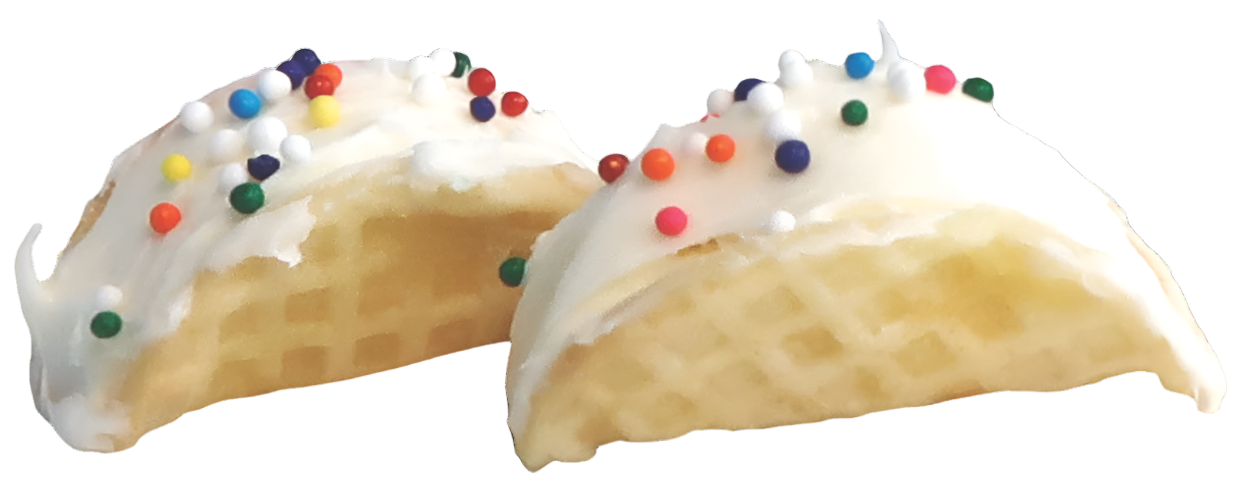Tiny ice cream treats with white frosting and colorful sprinkles on small waffle cones