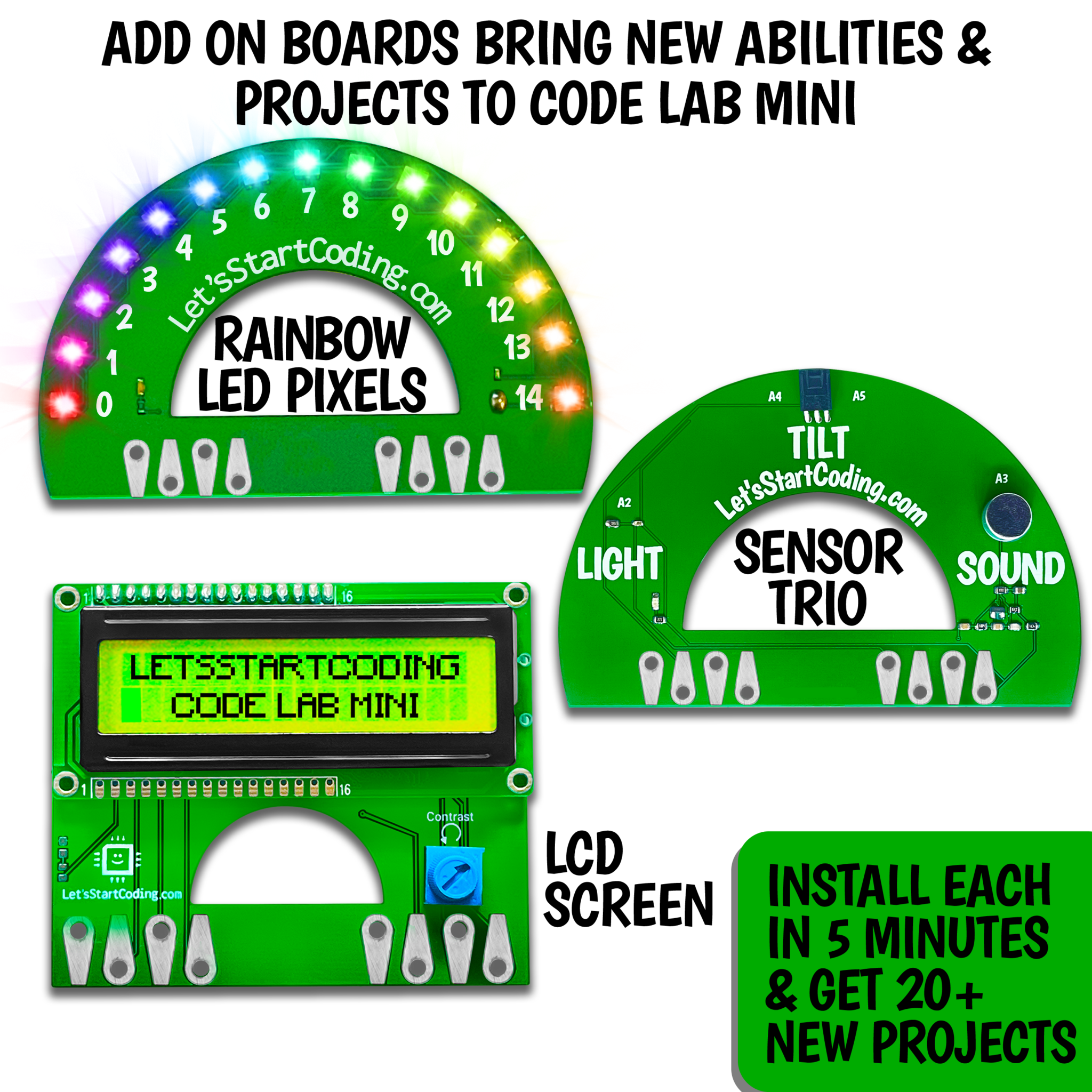 Add-on boards for Code Lab Mini including rainbow LED pixels, sensor trio, and LCD screen for expanded coding projects