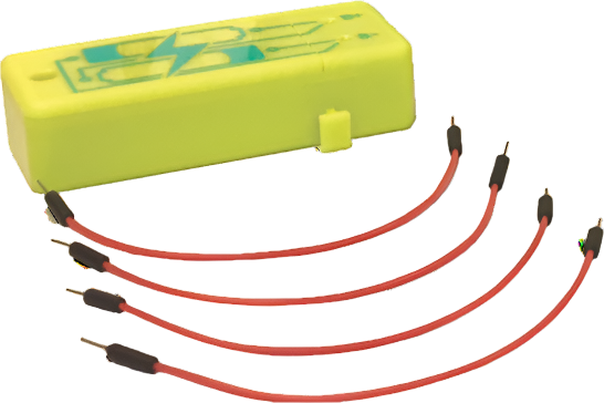 Tiny Circuits mini-microprocessor module kit with yellow case and red hookup wires for building electronic projects