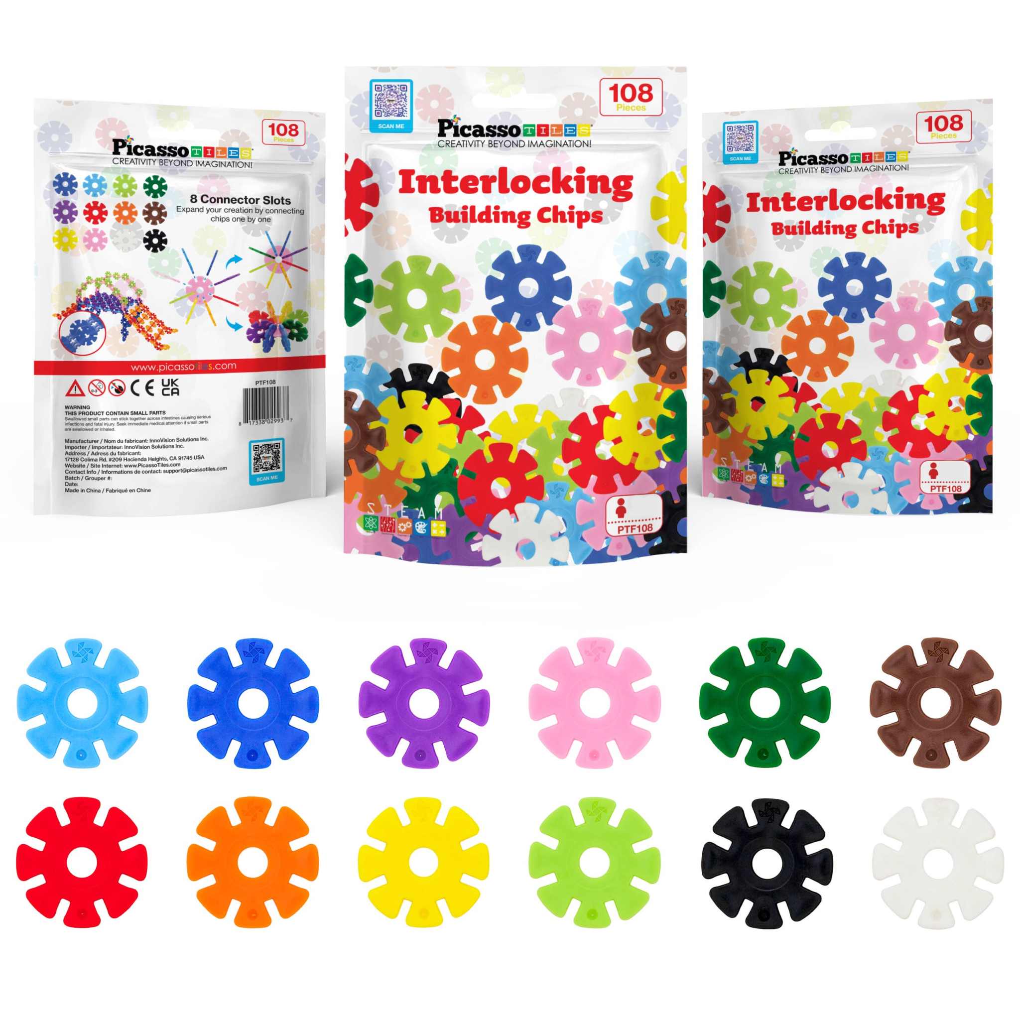 Colorful PicassoTiles Building Chips set with 108 interlocking discs in 12 vibrant colors and packaging shown from multiple angles