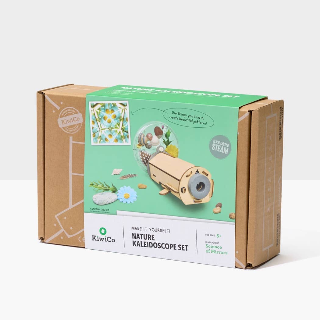 Nature Kaleidoscope Set DIY science kit for kids with wooden pieces and mirror panels for assembling a custom kaleidoscope.