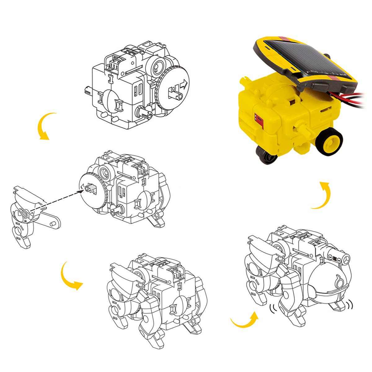 6-in-1 STEM kids solar powered UFO robot DIY assembly kit with solar panel and mechanical parts diagram