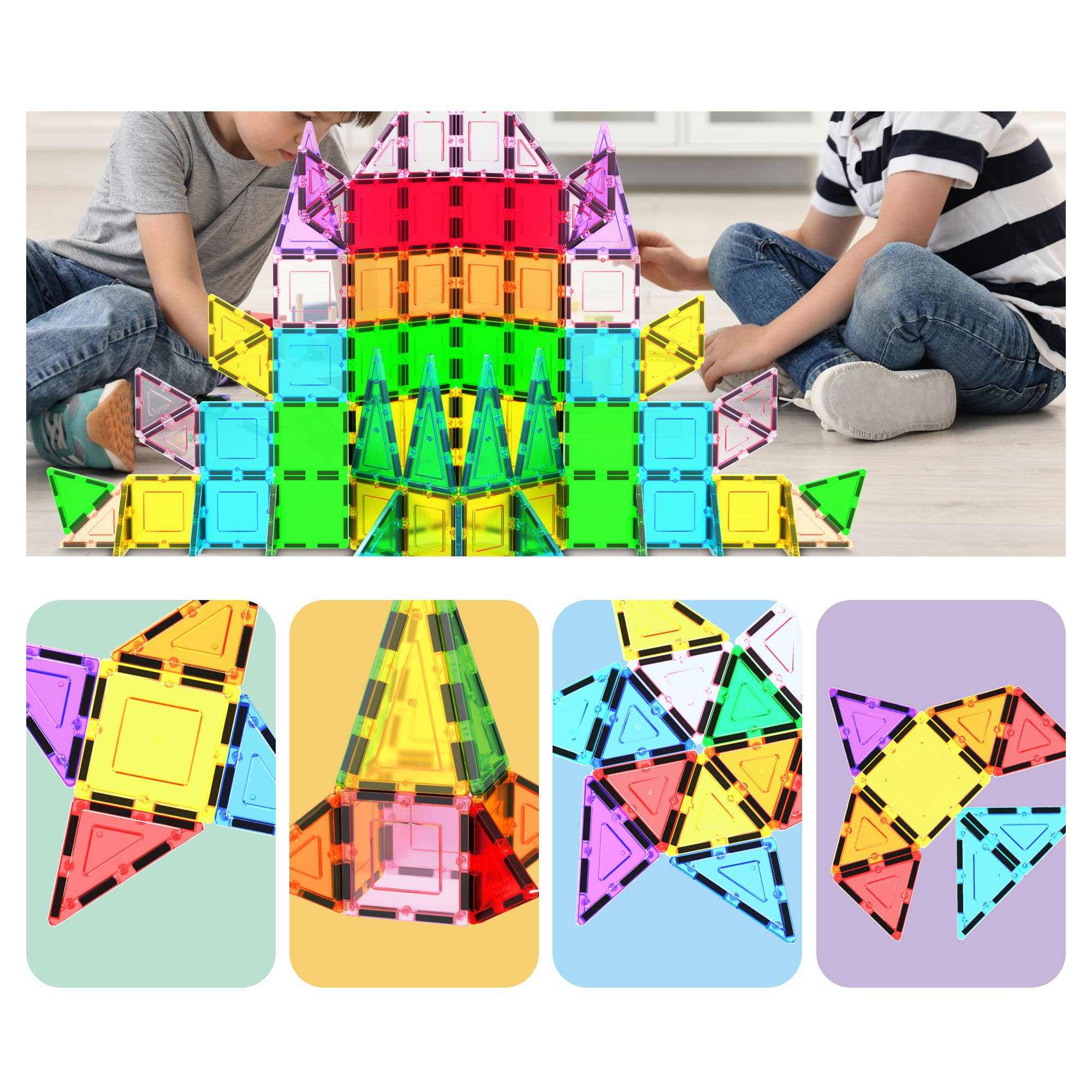 Children playing with colorful 101-piece magnetic tileset building shapes and structures
