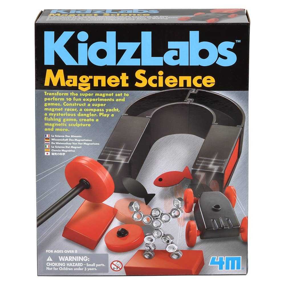 KidzLabs Magnet Science super magnet set for 10 experiments including racer, compass yacht, fishing game, and magnetic sculpture kit