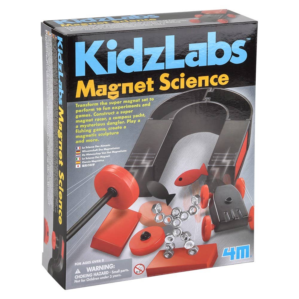 KidzLabs Magnet Science super magnet set for 10 experiments and games with racer, compass yacht, fishing game, and magnetic sculpture kit