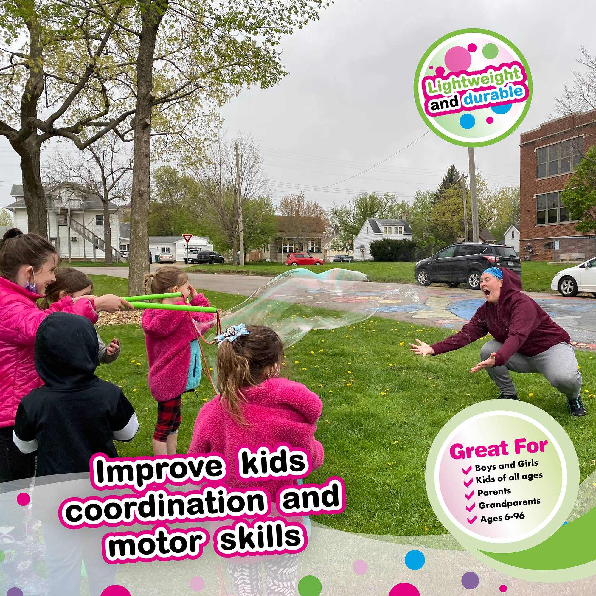 Children playing outdoors with WOWmazing Giant Bubble Kit creating large bubbles with big wands.