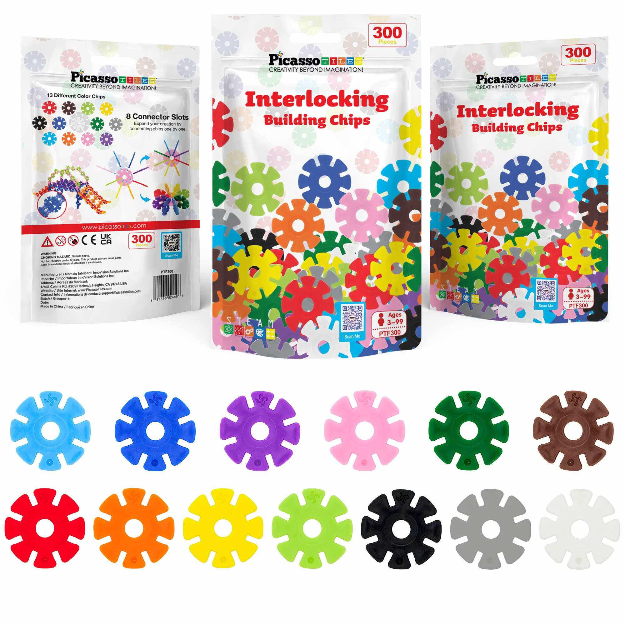 PicassoTiles 300pc Building Chips colorful interlocking disc blocks set with 12 vibrant colors for creative play and engineering.
