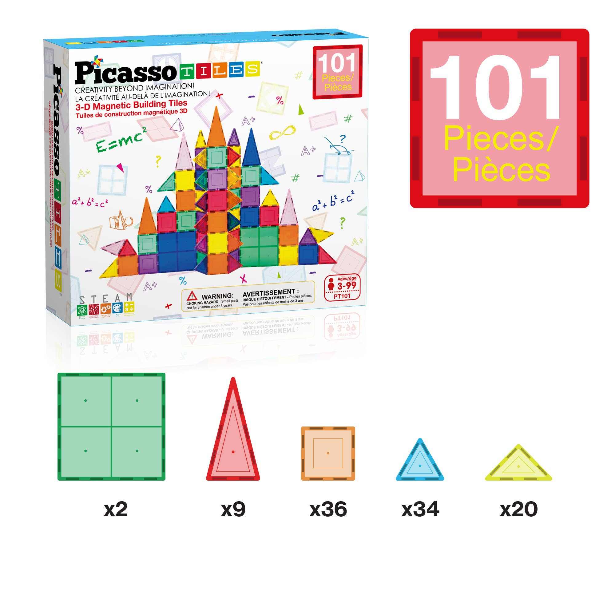 101-piece magnetic tileset with various triangle and square shapes for creative building, suitable for ages 3 and up, BPA-free and non-toxic.
