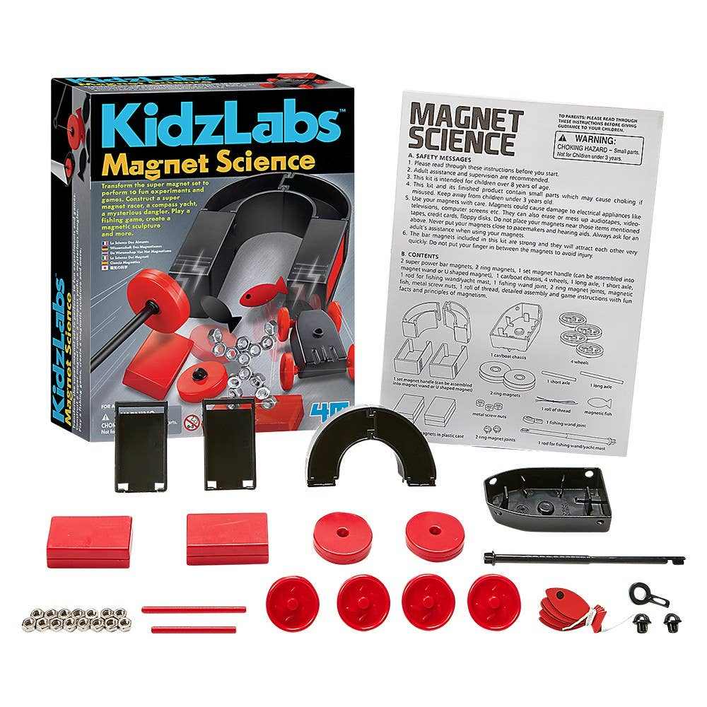 KidzLabs Magnet Science kit with components for 10 magnetic experiments and instructional manual