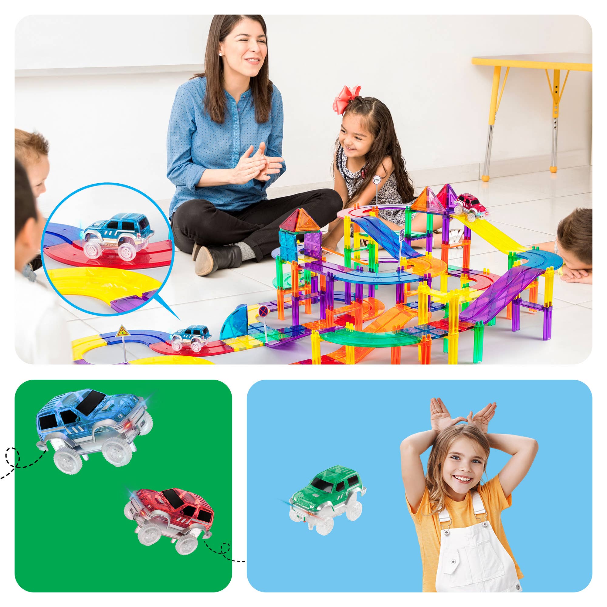 PicassoTiles 3 Pack Cars for Magnet Race Track Building Sets