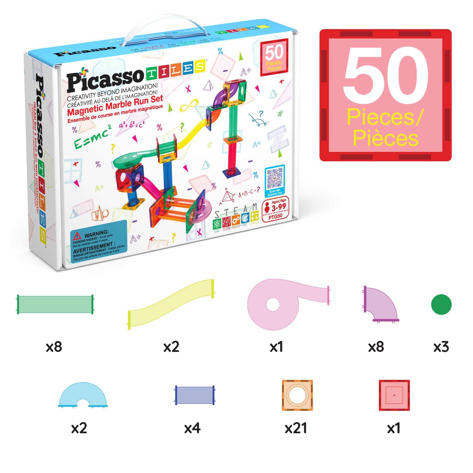 Magnetic Marble Run educational toy set with 50 magnetic, translucent pieces for building 3D maze tracks fostering STEM learning and creativity