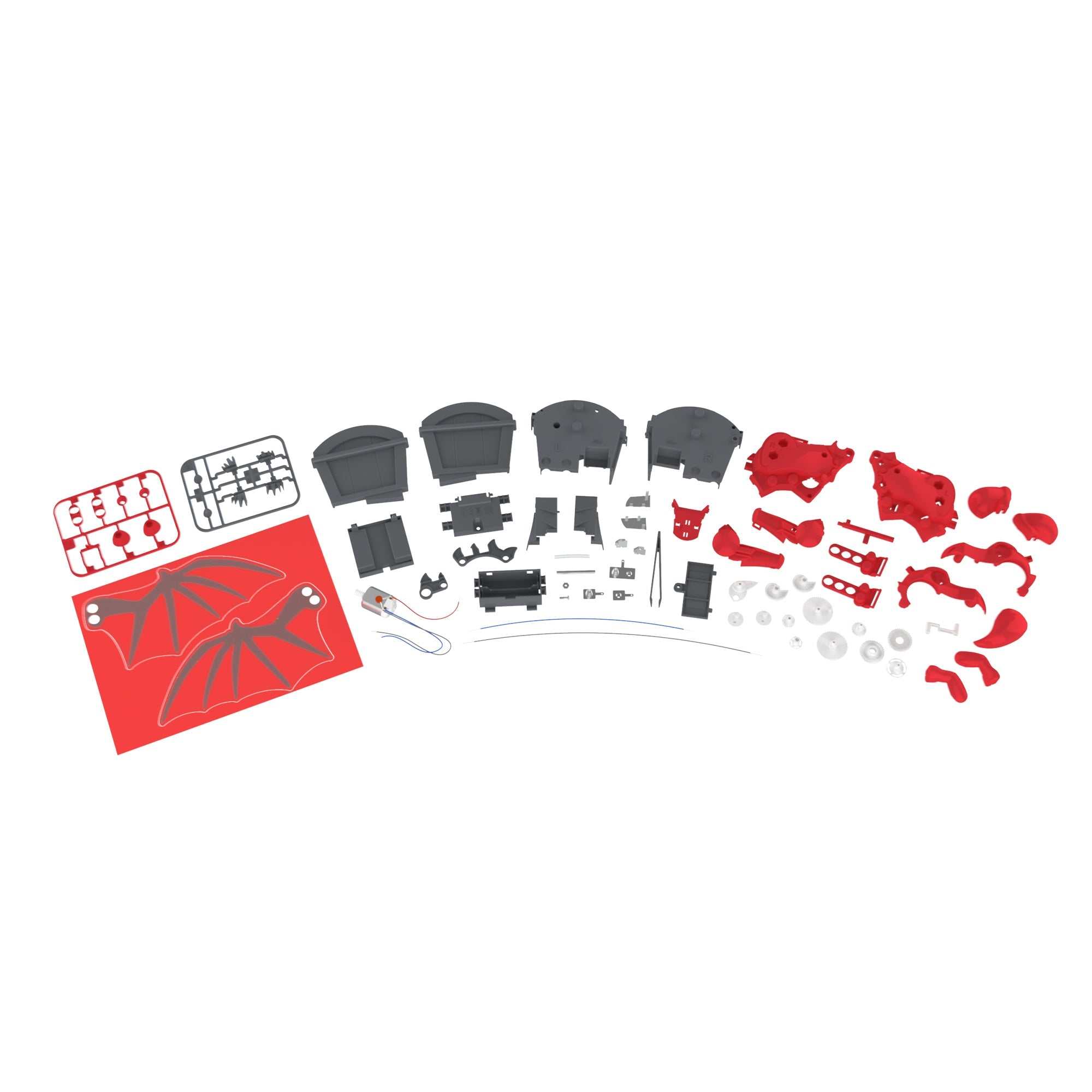 Robotic Dragon Bank kit with plastic building pieces and motor components for assembly
