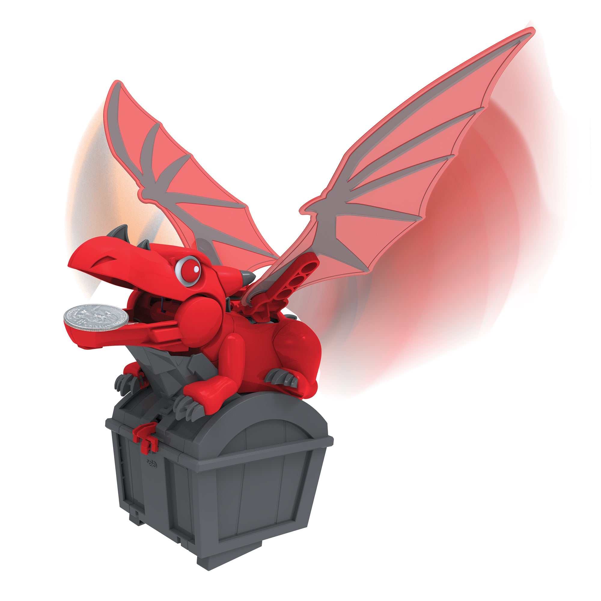 Red robotic dragon bank with flapping wings holding a coin above a gray treasure chest savings container