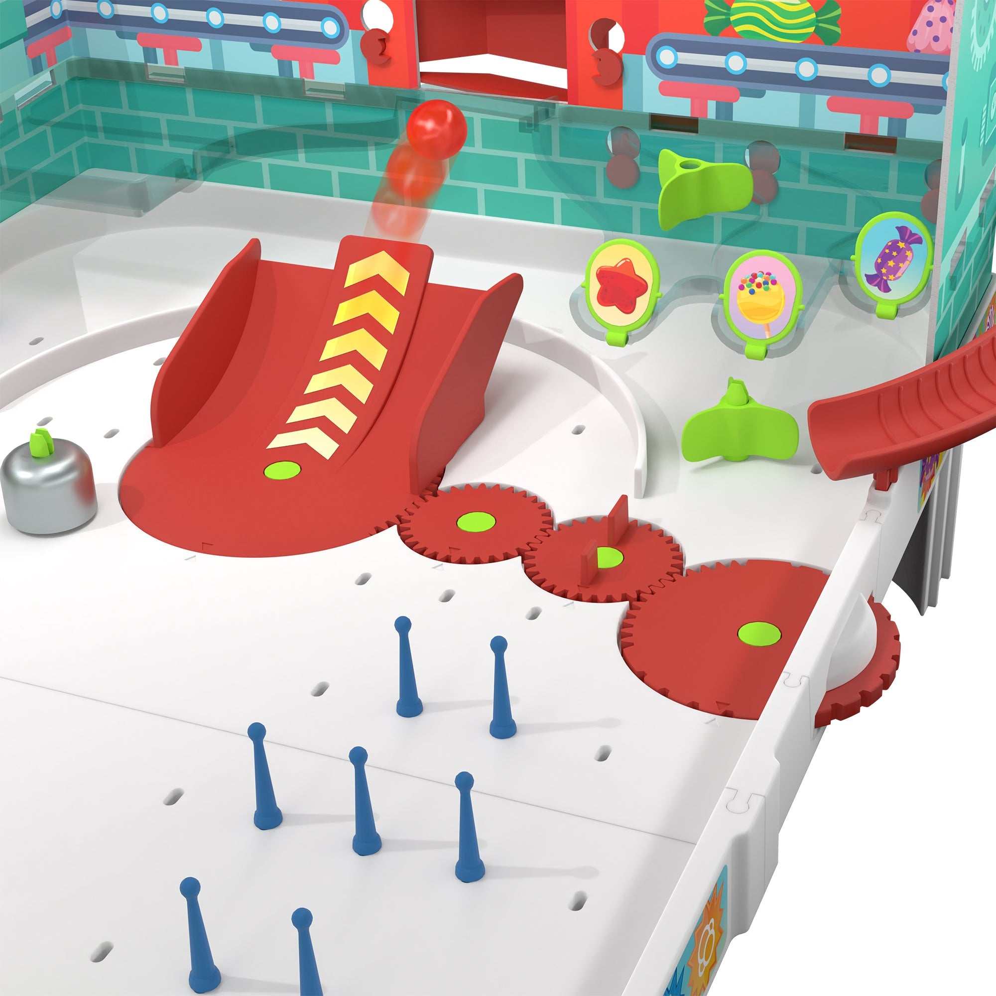 Colorful pinball machine with red ramps, spinning gears, bumpers, and targets designed for gumball pinballs.