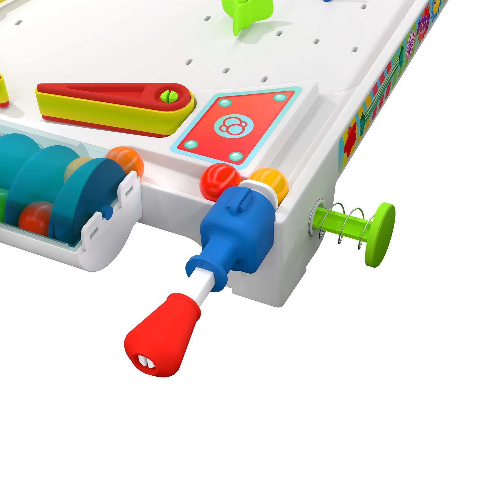 Close-up of a colorful customizable pinball machine launcher with spring and flipper mechanisms using edible gumballs as pinballs