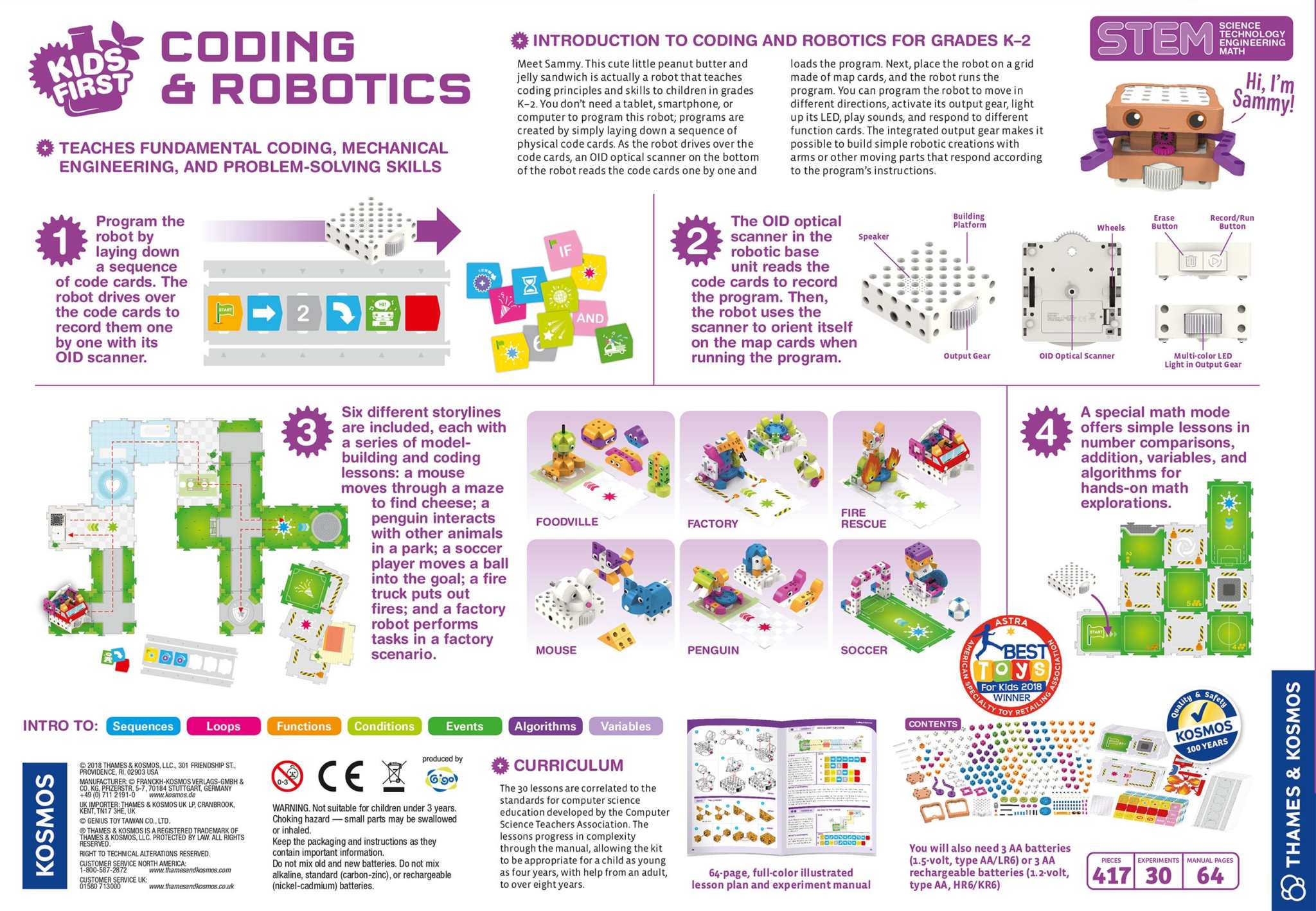 Kids First Coding & Robotics educational robot kit for children K-2 teaching coding, sequencing, loops, and problem-solving with physical code cards and interactive story-based challenges.
