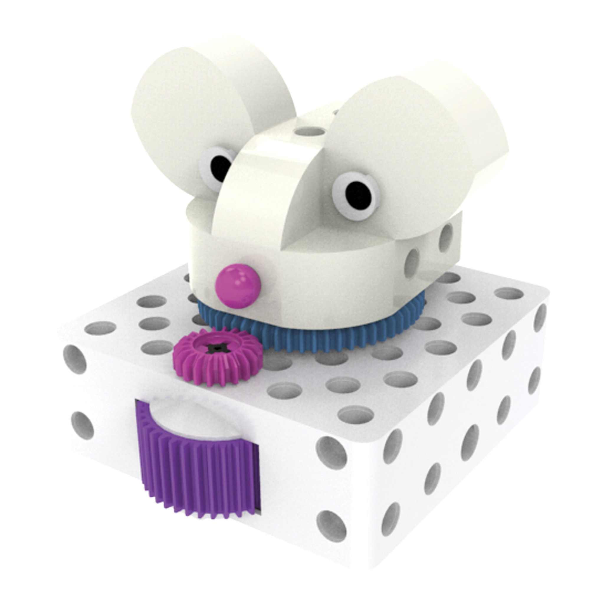 White and purple mouse-shaped Kids First coding robot for children with interactive gears and eyes