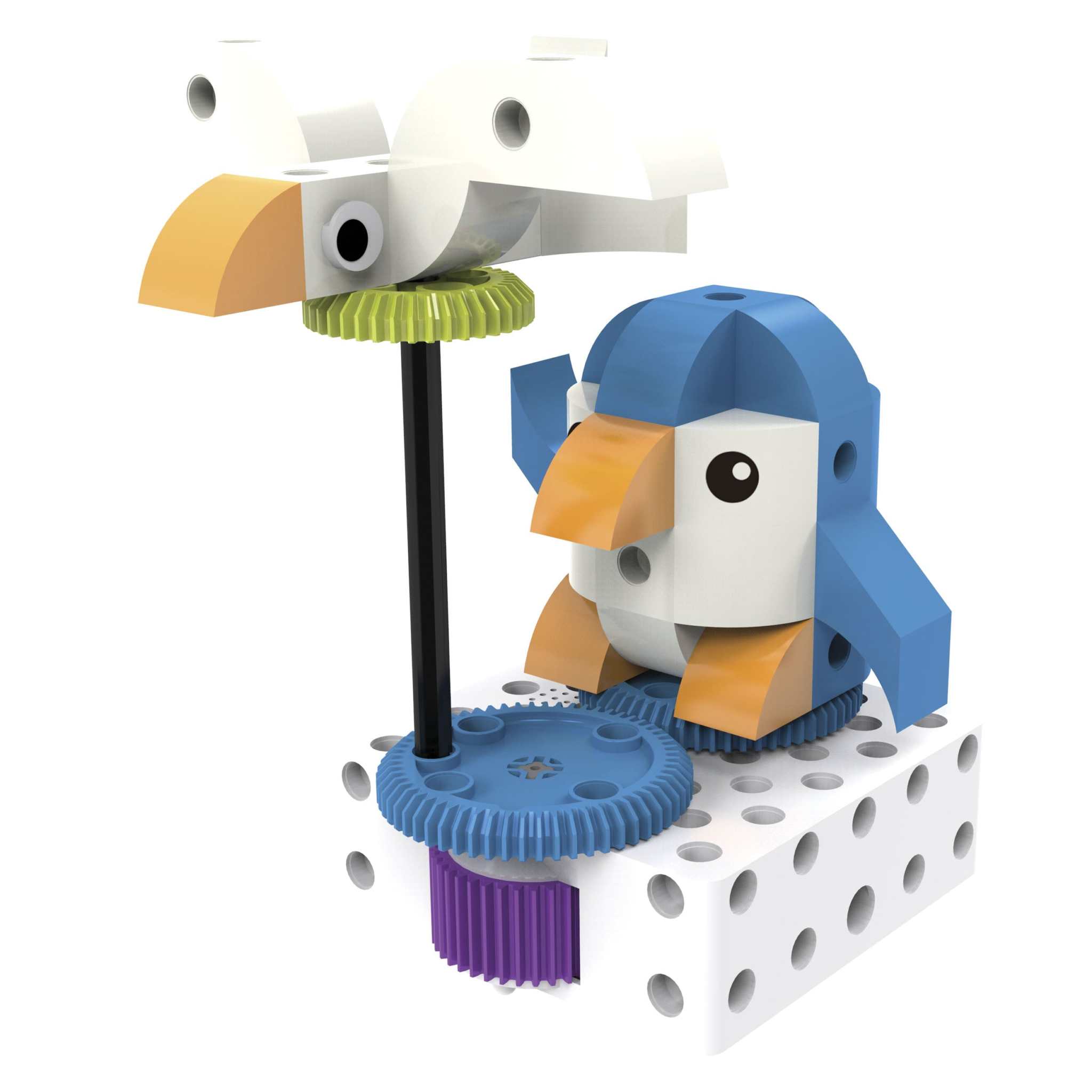 Kids First educational robot model featuring colorful plastic gears and animal-themed parts for coding and robotics learning.