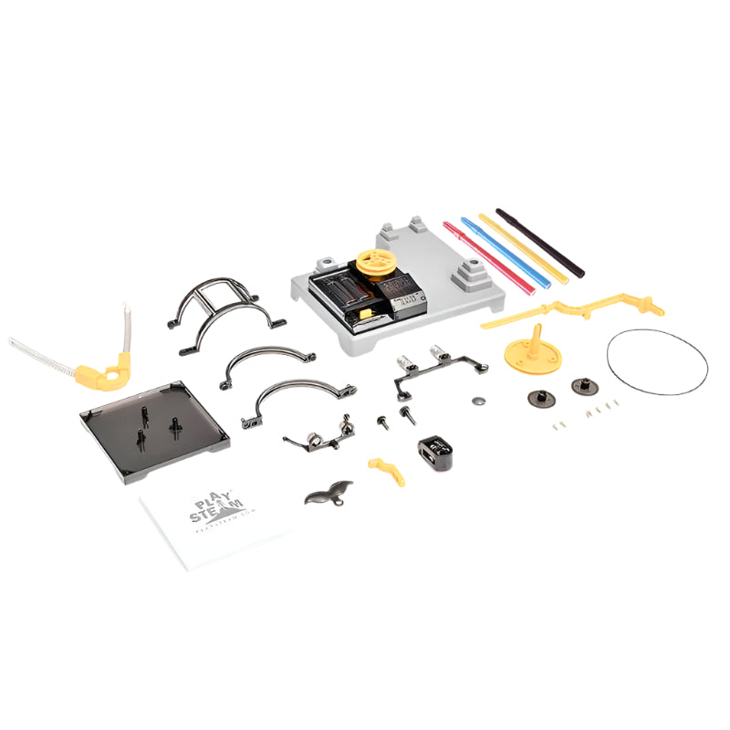 STEM science set with parts to build an arts robot spiral factory including conveyor belt, power base, and markers.
