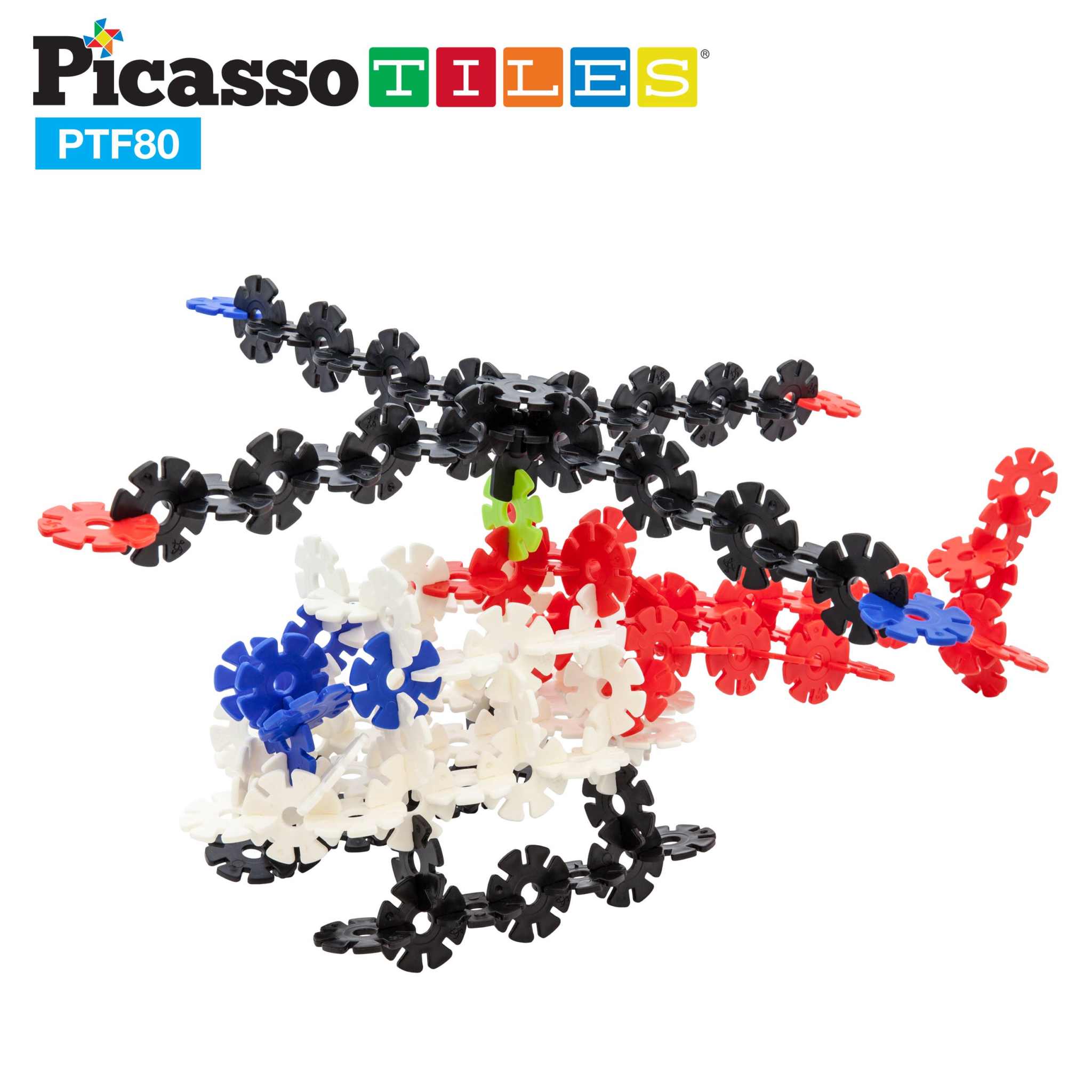 PicassoTiles 800pc Building Chips colorful interlocking discs assembled into a helicopter model with wheels and connectors.