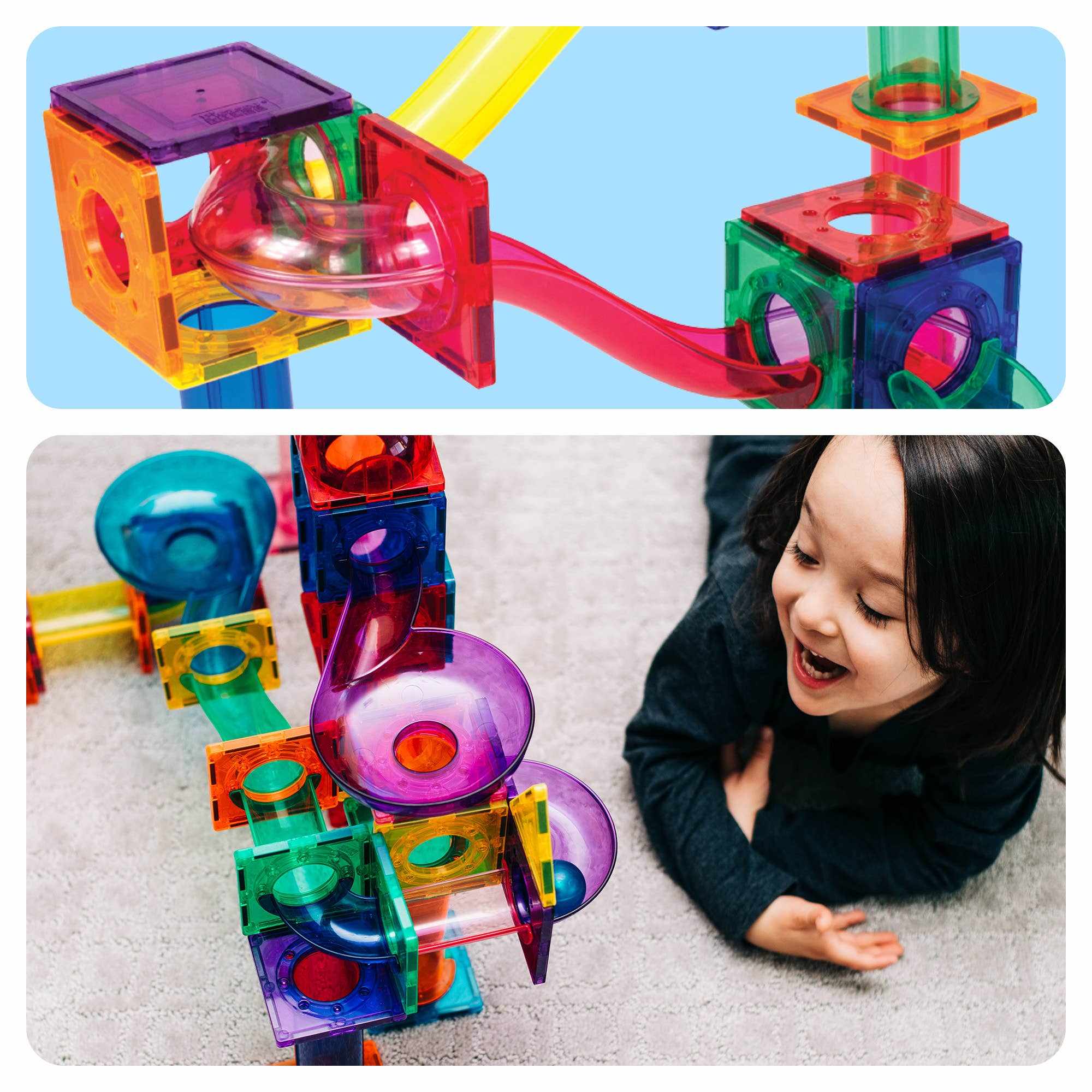 Child playing with colorful magnetic marble run track featuring translucent 3D maze tiles for STEM learning and creativity.