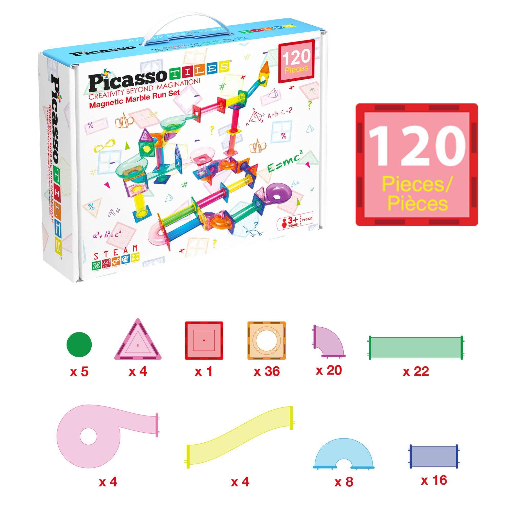 Magnetic Marble Run 120-piece STEM toy set with translucent magnetic tiles for creative 3D maze track building and educational play.
