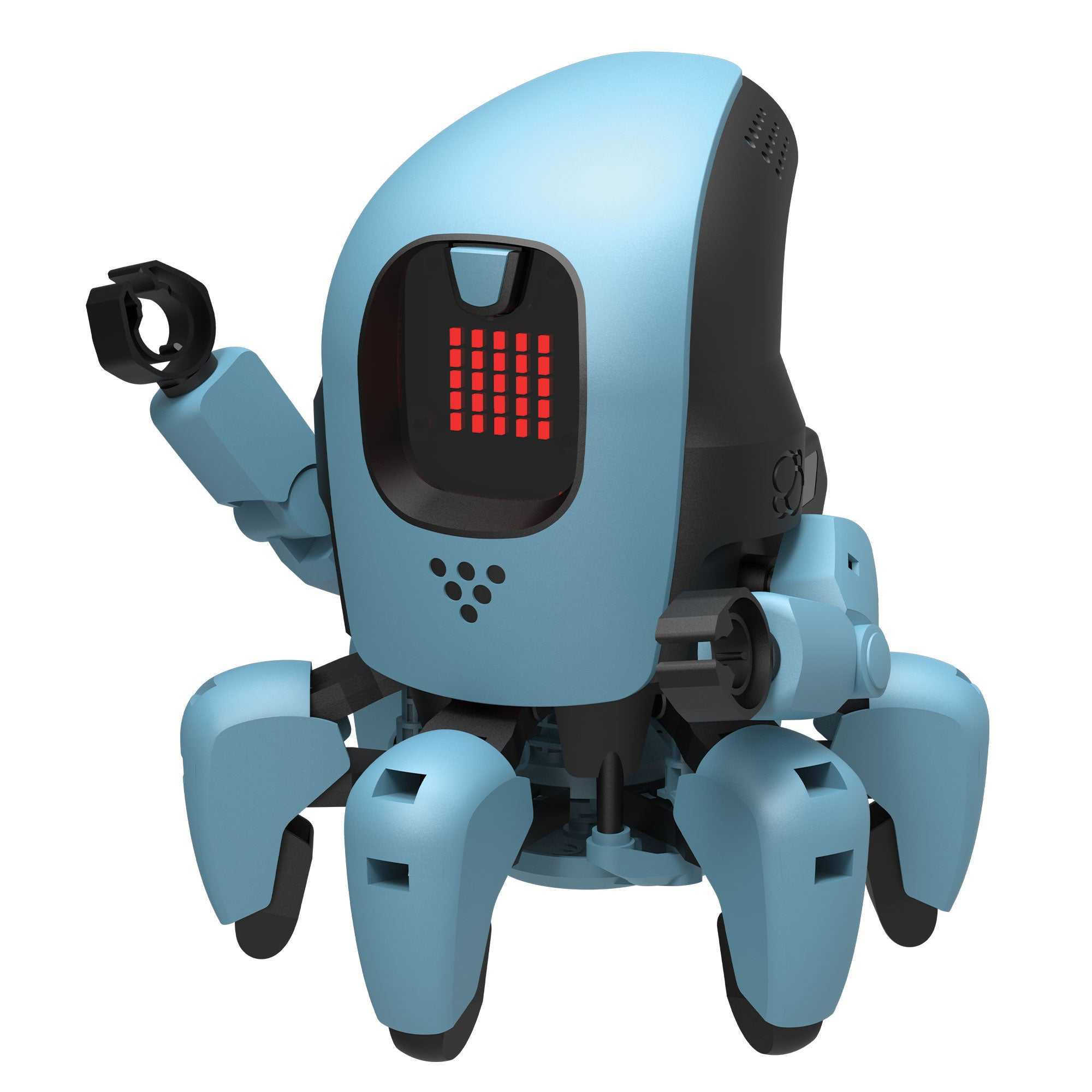 Six-legged blue artificial intelligence robot with LED display and robotic arm, designed for interactive gesture and sound control.