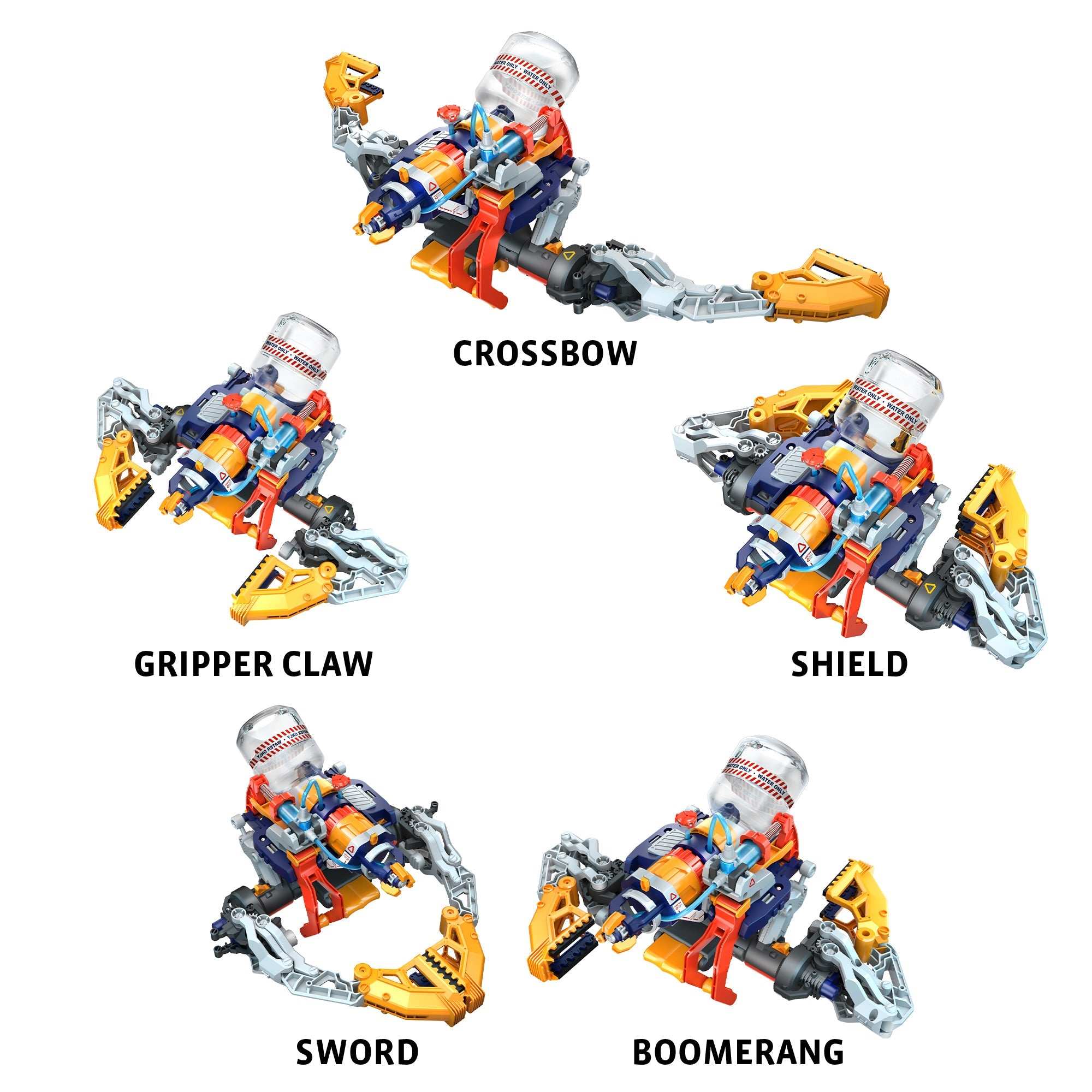 Mega Cyborg Hydro Blaster with hydraulic-powered water shooting and multi-shape transformations including gripper claw, shield, sword, crossbow, and boomerang.