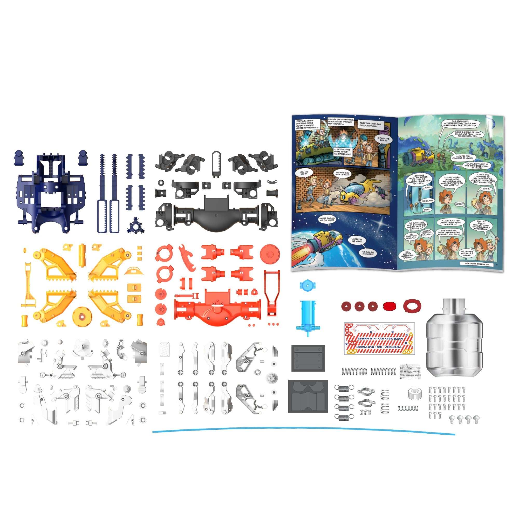 Mega Cyborg Hydro Blaster kit with over 180 pieces, hydraulic-powered water blaster and claw, instructional manual, and transformable into 5 shapes.