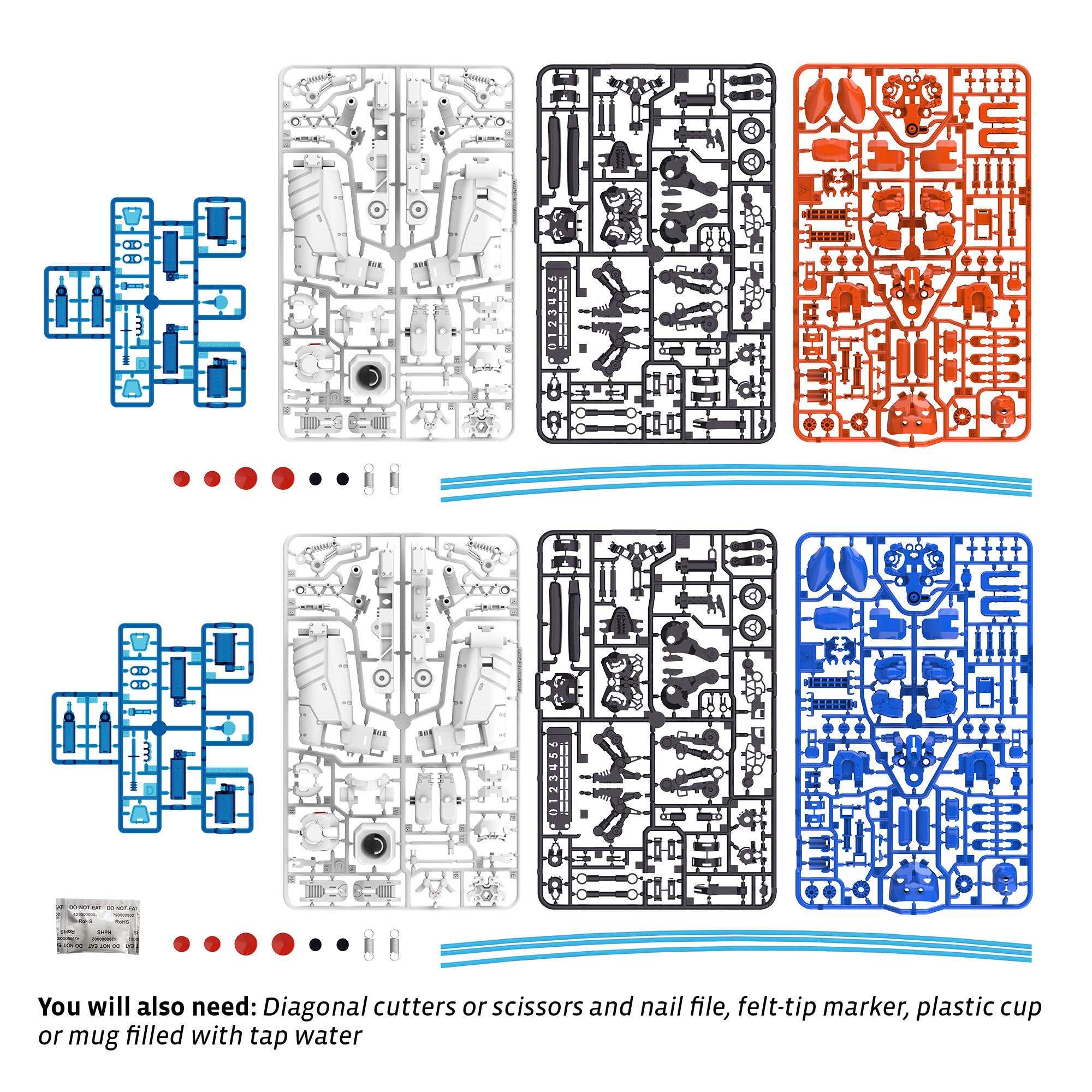 Hydraulic Boxing Robots building kit parts in blue, red, white, and black plastic sprues for Robo-Boxer and Kangaroo-Bot models.