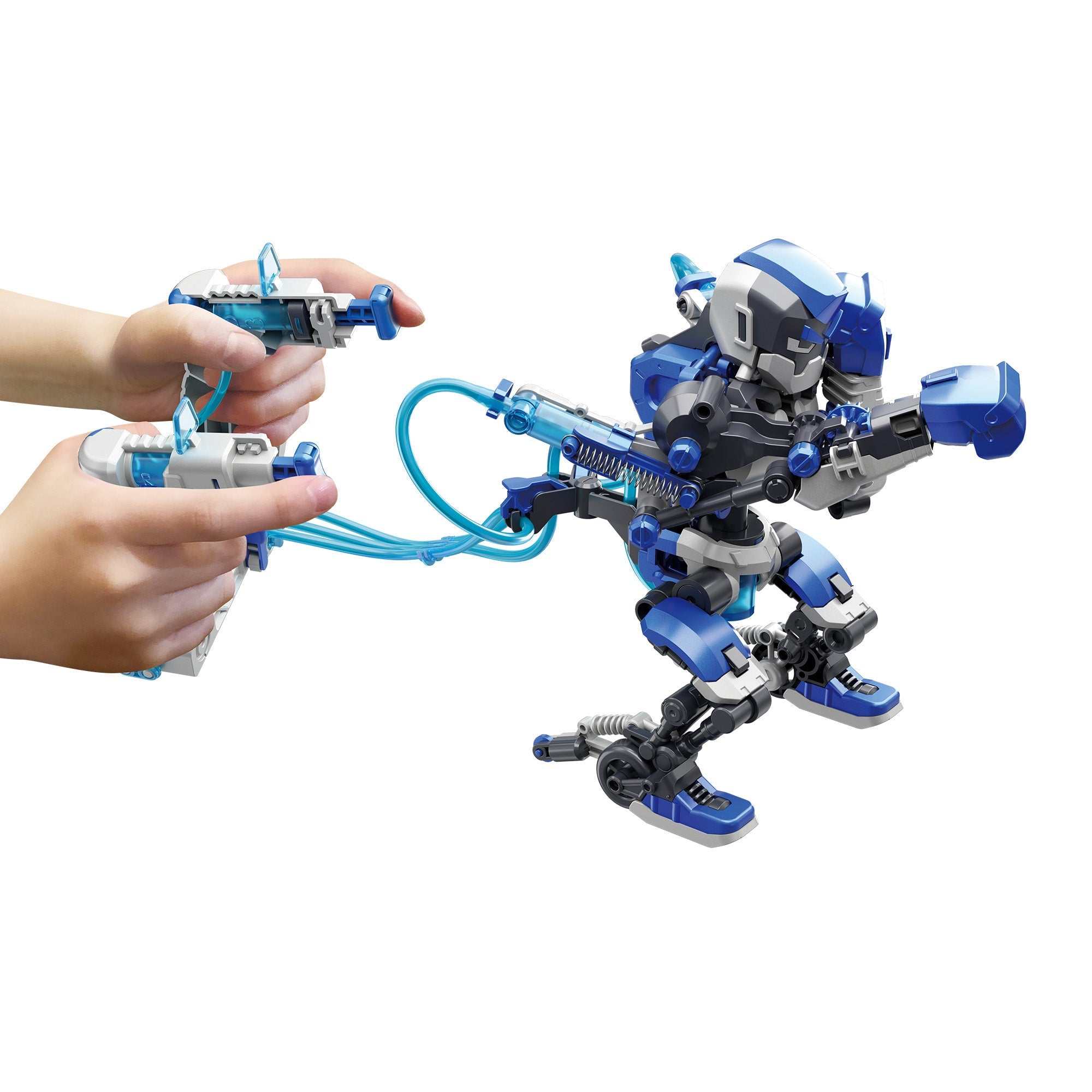 Hydraulic boxing robot model with handheld controls demonstrating robotic punching movement