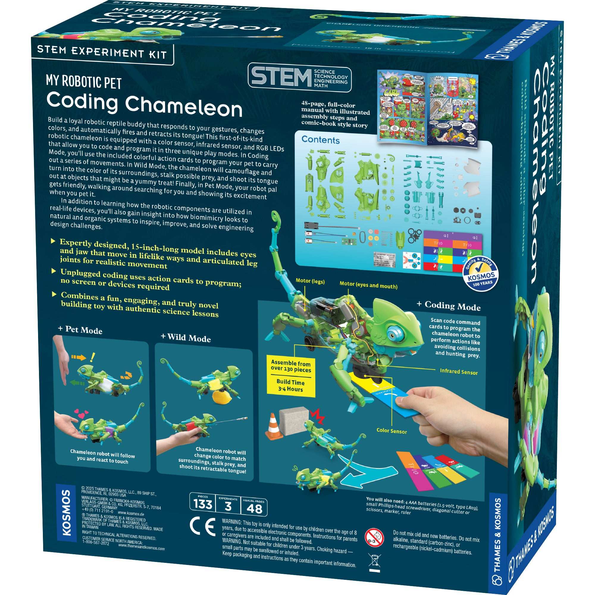 My Robotic Pet Coding Chameleon STEM kit with interactive gesture controls, color sensor, infrared sensor, and programmable play modes for educational coding and biomimicry learning.