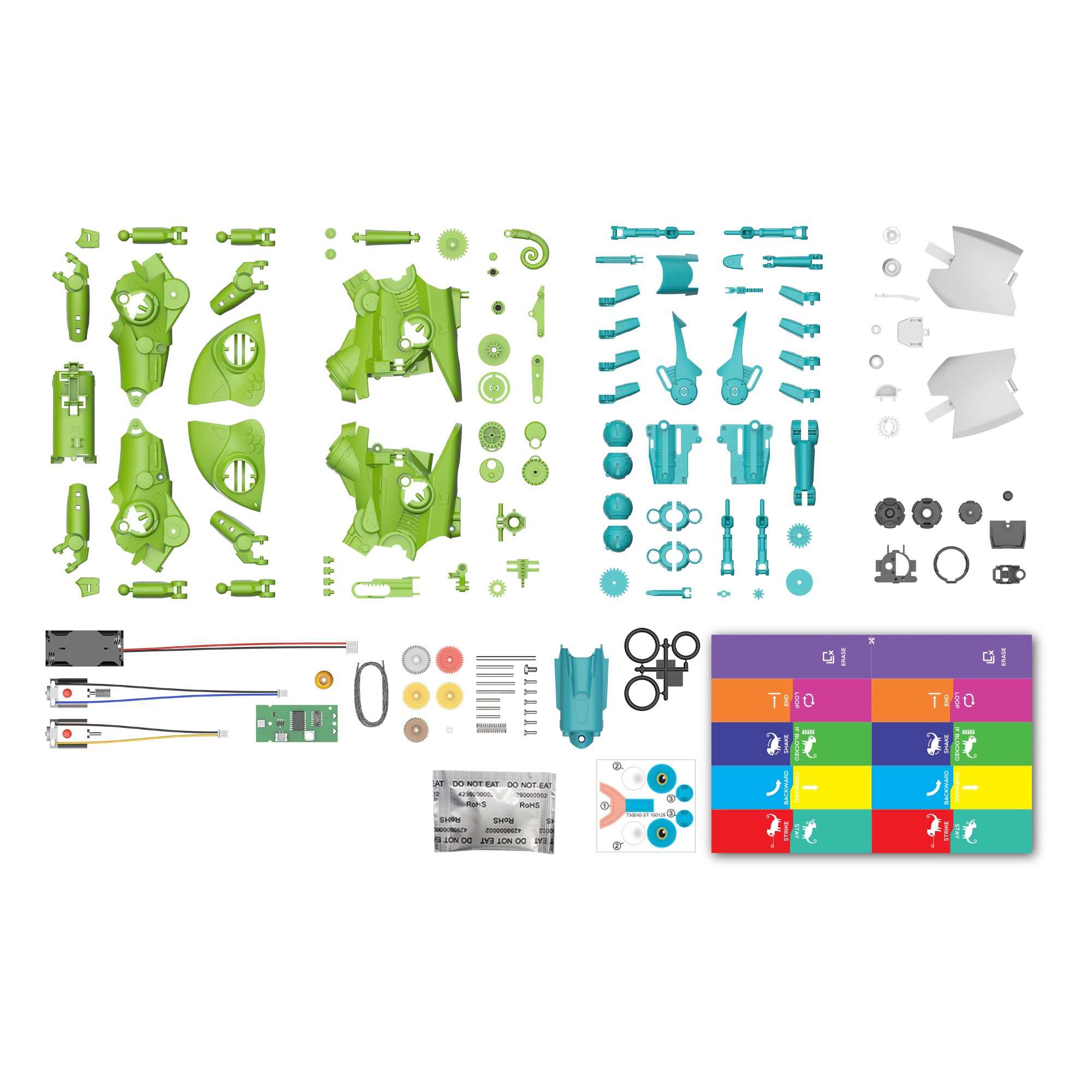 My Robotic Pet coding chameleon kit with colorful assembly parts, sensors, and action cards for programming and interactive play
